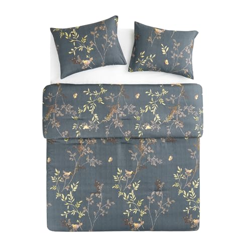 Image of Wake In Cloud - Floral Comforter Set, Birds Flowers Leaves and Branches Pattern Printed for Men Women, Soft Lightweight Bedding, 3 Pieces, Dark Gray, King Size
