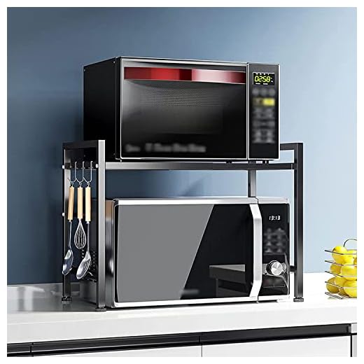 Zeroway Metal Adjustable Microwave Stand Kitchen Platform 2-Tier Microwave Oven Rack with 8-Hooks Multipurpose Countertop Storage Oven Stand Kitchen 7-Tank Process Powder Coated- Black, Tiered Shelf