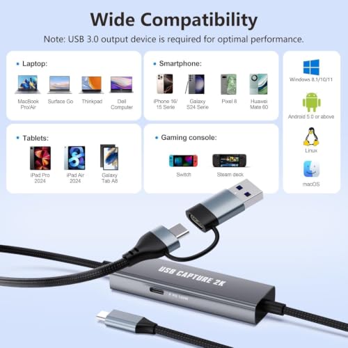 Image of 1080P 60FPS 2K@30Hz Capture Card, Type C to USB-A /C Video Capture Card USB 3.0 with 100W Power Delivery Ultra-Low Latency for Streaming, Recording, Gaming Compatible with Switch, iPad, Steam