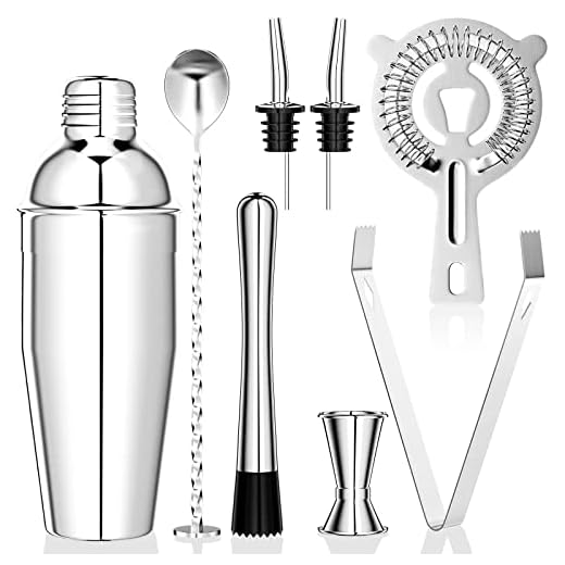 Newaner 750ML Coctelera, 8 Piezas Juego de Coctéles de Acero Inoxidable, Profesional Barman Herramientas con colador, medidor, Cuchara, vertedor, para Mezclar Bebidas, hogar, Barra, Fiestas (Plata)