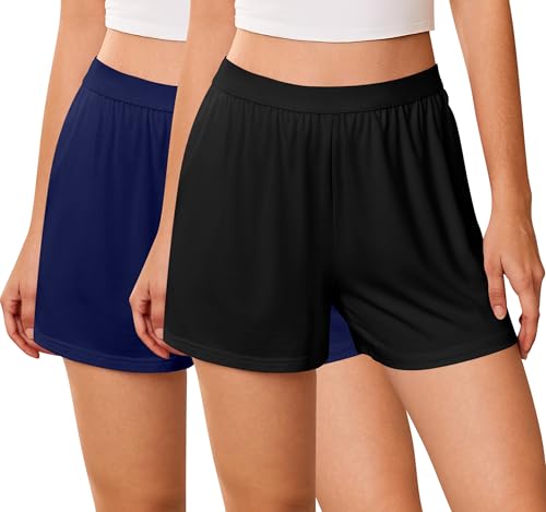 Image of Ekouaer Womens 2 Pack Pajama Shorts 2026 Comfy Elastic Waist Sleep Shorts Bamboo Viscose Soft Pj Bottoms with Pockets