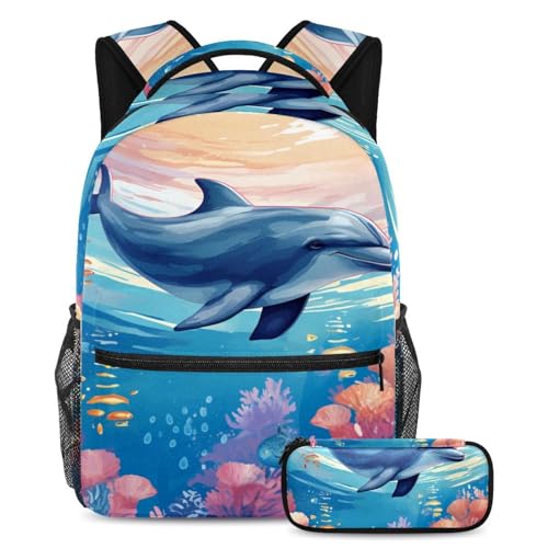 Cartables pour enfant sac à dos et trousse à crayons motif baleine