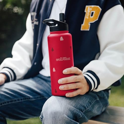 Image of Logo Brands NCAA North Carolina State Wolfpack Step & Repeat 34 oz Stainless Steel Quencher Bottle - All Over Logo Design, No-Spill Lid, Easy Carry Handle - Keeps Drinks Cold For Hours