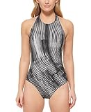 Calvin Klein Women's Printed Side Shirred High Neck Halter Swimsuit Gray Size 10