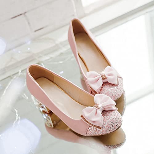 MIOKE Women's Fashion Bowknot Chunky Block Heel Pumps Pointed Toe Sequins Slip-On Comfort Party Dress Shoes3