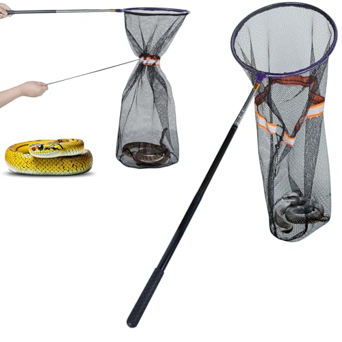 Image of Snake Catcher Net with Secure Drawstring, Rattlesnake Grabber Tool, Reptile Catch Telescopic Pole, 16''-59'' Stainless Steel Extendable Snake Stick&12'' Net Opening for Rattle Snake Removing Catching