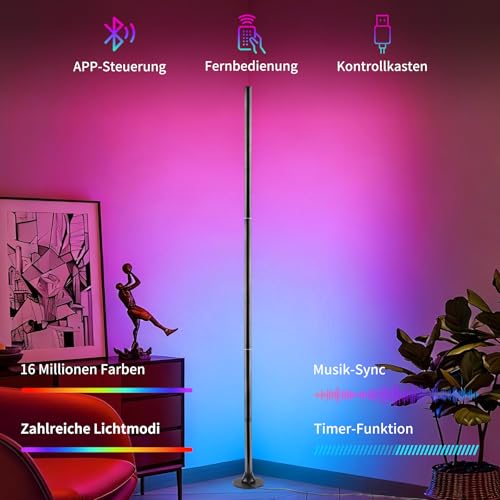 Aourow LED Stehlampe Wohnzimmer RGB Dimmbar - 120cm Standleuchte mit Fernbedienung & App, 16 Millionen Farben, Musik-Sync & DIY-Modus für Gaming, Schlafzimmer, Büro
