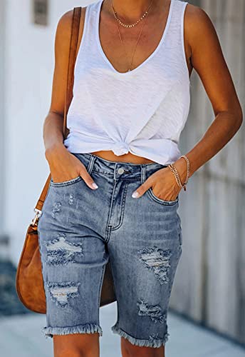 Metietila Women's Ripped Mid-Rise Denim Bermuda Shorts Summer Frayed Raw Hem Stretch Blue Jean Shorts L #TOP4