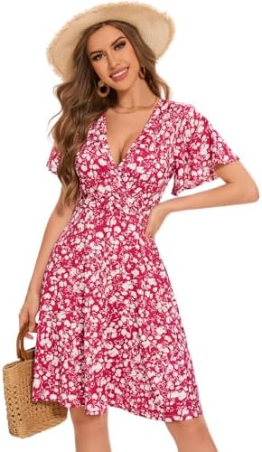 Pink Summer Dresses for Women 2025 Vacation Casual V-Neck Floral Wrap