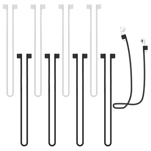 8 pieces of universal wireless Bluetooth earphones with anti loss silicone lanyard, Apple Airpods compatible soft silicone sports lanyard (black+white)