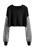 GORGLITTER Damen Crop Kapuzenpullover Hoodie mit Fischnetz Ärmel Pullover Kapuzen Leicht Pulli Langarmshirt Schwarz L