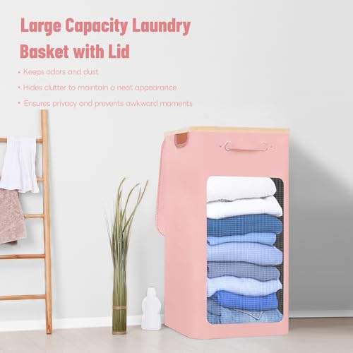 Caroeas 95L Laundry Basket with Lid, Foldable Laundry Hamper with Removable Inner Bag for Kids, Clothes Washing Basket with Bamboo Handles and 3 Side Pocket for Dorm, Bedroom, Bathroom, Pink - Image 3