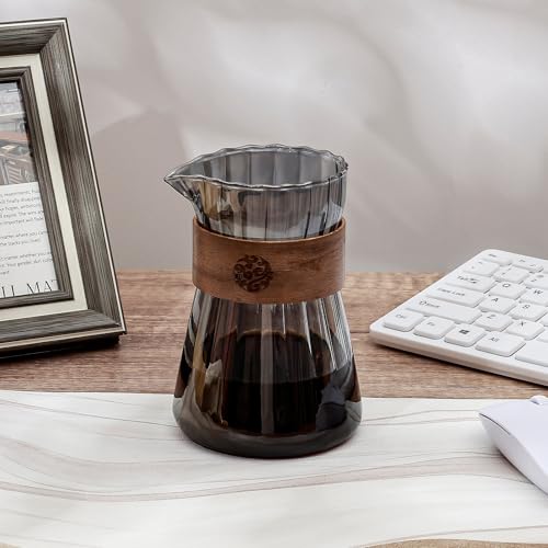 Denovin Coffee Carafe, 16oz Small Glass Coffee Server Carafe Pot, Pour Over Coffee Maker Decanter Pitcher with Heat-Resistant Wood Ring (Gray)