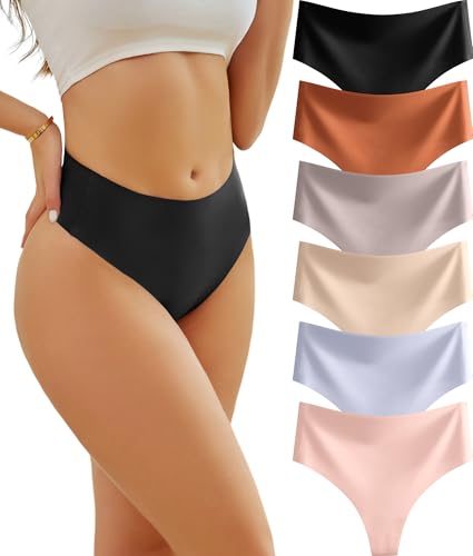 6 Pack High Waisted Thongs for Women Feather-light Seamless Underwear No Show Sexy Breathable Panties for Ladies