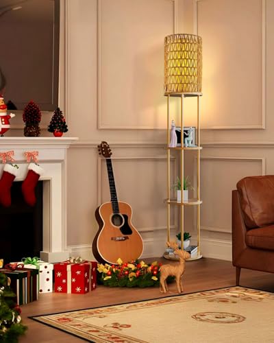 Image of Lightdot 61 inch Rattan Floor Lamp with Shelves, 3-Tier Storage Shelves with 3000K Bulb Included, Solid Wood Design, Corner Bookshelf Floor Lamps for Living Room /Sofa Beside /Corner Decor-Gold