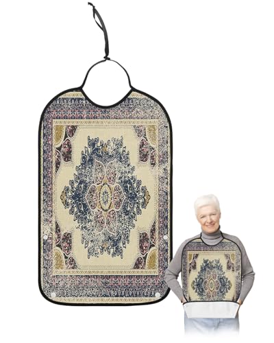 LEOKOTI Boho Blue Yellow Pink Adult Bibs for Eating, Waterproof Bibs with Food Catcher & Adjustable Snap Closure, Vintage Modern Geometric Abstract Washable Clothing Protectors Adult Bibs for Elderly