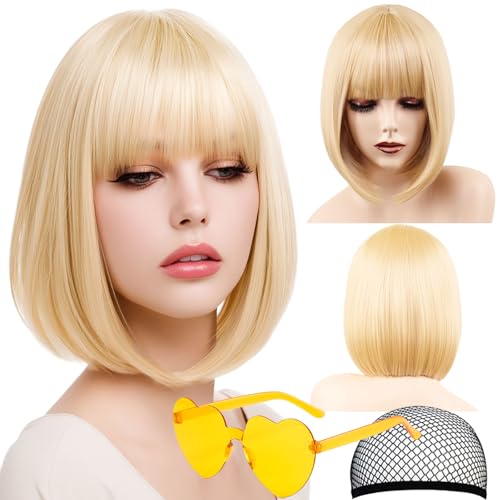 VCAY Bob Wig 12 Inch Short Blonde Bob Wig with Bangs Straight Cosplay Wig Heat Resistant Adjustable Straps Wigs for Women Girl with Wig Cap