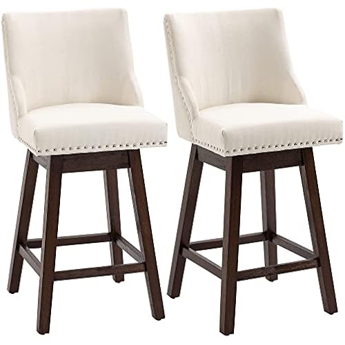 HOMCOM 28" Swivel Bar Height Bar Stools Set of 2, Armless PU Leather Upholstered Barstools Chairs with Nailhead Trim and Wood Legs, Cream White