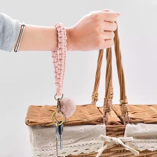 Keychain-Wristlet-Woven-Handmade-Wrist-Lanyard-for-Keys-Wrist-Key-Chains-with-2-Keyrings-for-Women-Car-Keys-ID-Badges-Card-Wallet-Phone-Pink