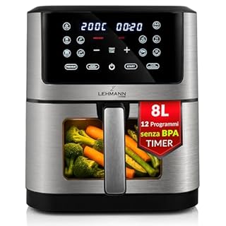 LEHMANN Friggitrice ad Aria 8 Litri XXL, 1800 W, Air Fryer con Finestra di Visualizzazione, 12 Programmi & Regolazione Manuale 76–200°C, Timer 1-60min, Rivestimento Antiaderente, Display Touch
