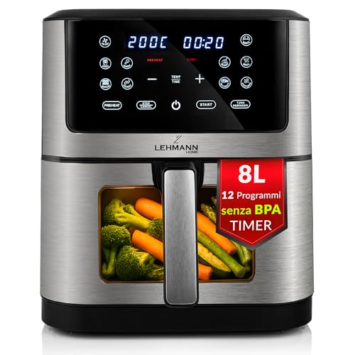 LEHMANN Friggitrice ad Aria 8 Litri XXL, 1800 W, Air Fryer con Finestra di Visualizzazione, 12 Programmi & Regolazione Manuale 76–200°C, Timer 1-60min, Rivestimento Antiaderente, Display Touch