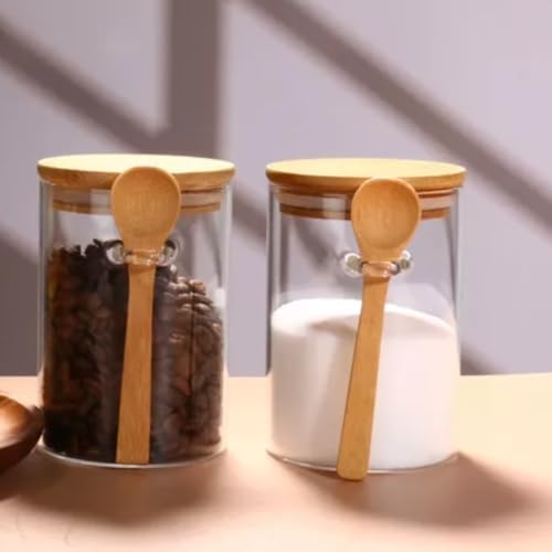KIT 3 Potes de Vidro Transparente com Tampa de Bambu, Vedação Hermética e Colher