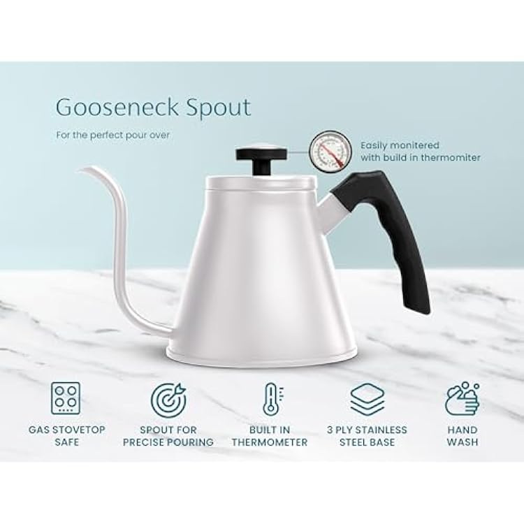 Kook Gooseneck Kettle, Kettle Stovetop, with Thermometer, Tea Pot, for Pour Over Coffee & Tea, Temperature Gauge, Electric, Compatible for Gas Stovetop, 3 Ply Stainless Steel Base, 27 oz, (White)