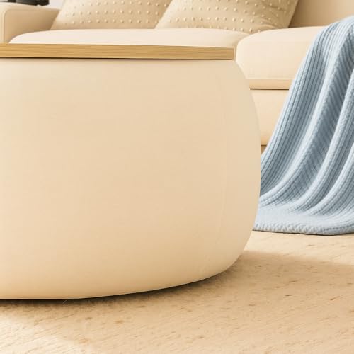 Image of Elegent Round Coffee Table with Wooden Top, Storage Ottoman Tables for Living Room, Centre Tables, Tea Tables, Farmhouse, Wood Drum Coffee Table (Cream)