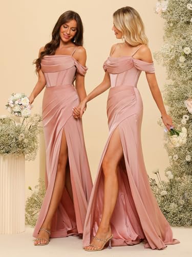 Clothfun Elegant Off The Shoulder Satin Bridesmaid Dress Long Mermaid Corset Prom Dress for Women Formal Gown CY0893