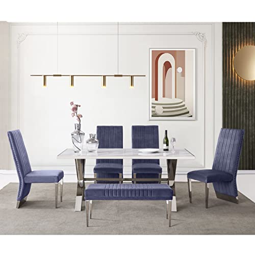 Azhome Benches, Modern Grey Velvet Upholstered Dining Room Bench With Silver Mirrored Stainless Steel Legs #TOP2