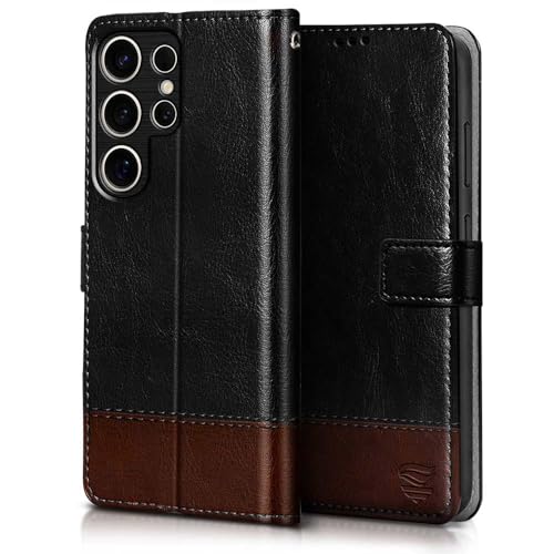 Image of FLIPPED Vegan Leather Flip Case Back Cover for Samsung Galaxy S25 Ultra 5G (Flexible, Shock Proof | Hand Stitched Leather Finish | Card Pockets Wallet & Stand | Black with Brown)