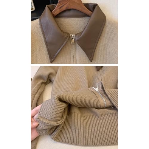 Cropped Cardigan Women Leather Collared Knit Sweater Zip up Jacket Aesthetic Cute Polo Sweater Fall 2024 Trendy3
