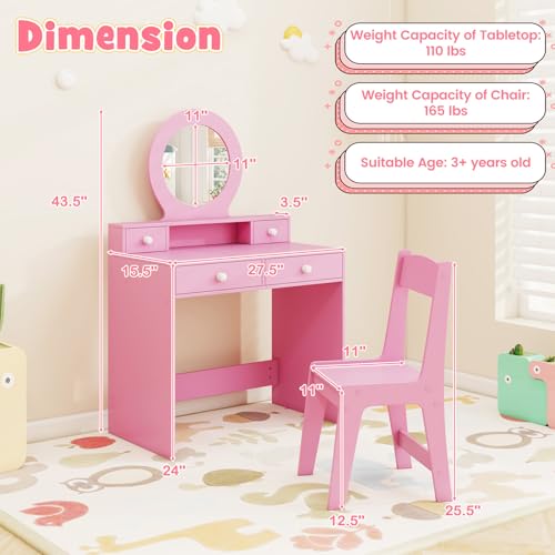 Image of HONEY JOY Kids Vanity, Little Girls Vanity Set with Mirror and Stool, Drawers, Toddler Makeup Vanity Dressing Table, Wooden Pretend Play Kids Vanity Table and Chair Set (Pink)