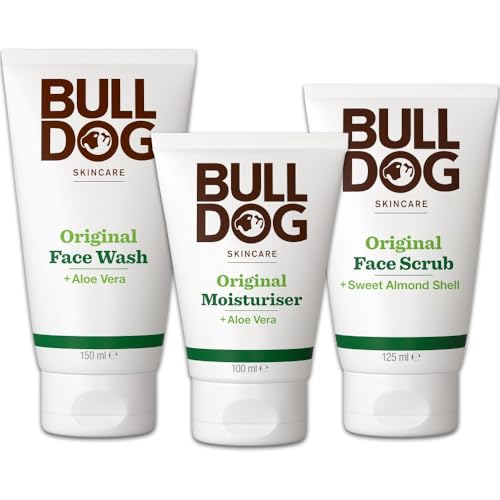Image of Bulldog Skincare Original Men's Face Grooming Bundle, Original Face Moisturiser, Face Wash & Face Scrub, Normal to Dry Skin, 24 hour Hydration, Cleanses, Refreshes & Exfoliates skin. Aloe Vera,