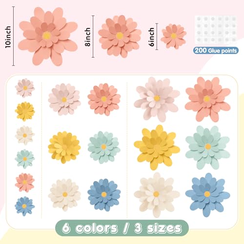 Image of MotiMind 18 Pcs Paper Flowers Decorations for Wall DIY Flower Bulletin Board 3D Paper Floral Backdrop Decoration Photo Backdrop Classroom Back to School Birthday Party(Bright Color,6 inch 8 inch 10 inch)