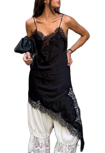 Women Satin Long Lace Cami Top Silk Spaghetti Strap Side Split Asymmetrical Tank Tops Y2k Flowy Silky Slip Camisole (Black, L)