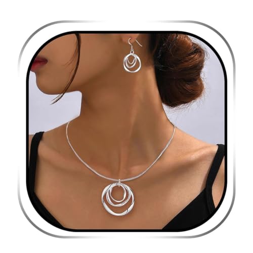 3 Circles Silver Hoop Earrings & Necklace Set