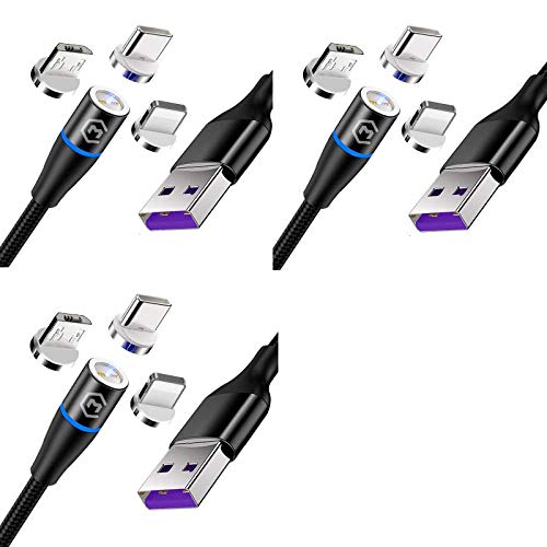 BHELLC USB Data Cable with Magnetic Tips for 3A Fast Charging and 480Mbs Data Transfer. 2 Meters (6 ft) Cable Length. Set of 3 Cables. (Black/360) (3 Black)