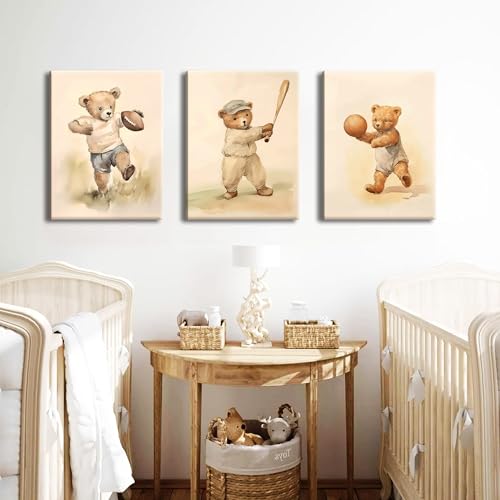 Bear Rugby Sports Nursery Canvas Wall Art Set of 3 - Cute Vintage Baby Bear Pictures Paintings Poster Prints, Nursery Animal Wall Decor for Children Bedroom Boy Room Decoration 16x24 inch Framed by BGFCE - Used condition - Image 4