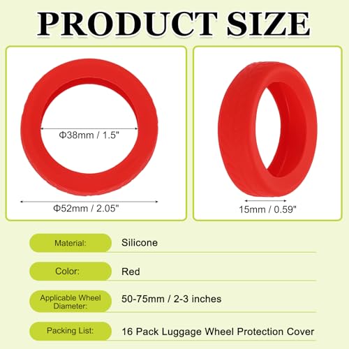 Image of 16 Pack Luggage Wheel Protection Cover, Wear Resistant Anti Noise Silicone Protector Cover for 2-3 inch Spinner Wheel for Suitcase Chairs Caster Travel, Red