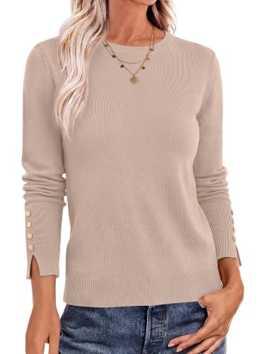 ANRABESS Sweaters for Women Lightweight Buttons Long Sleeve Fall Outfits | Crew Neck Slim Fit Business Casual Tops,Cozy Comfort Office Work Pullover Sweaters,Buttons Cuff Layer Winter Clothes