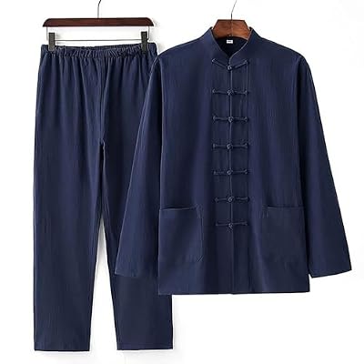 YSVQHHDV Men's Meditation Outfit Spring Autumn Comfortable Breathable Cotton Linen Prayer Clothing Christmas Halloween Birthday Gift (Navy Blue,2XL)