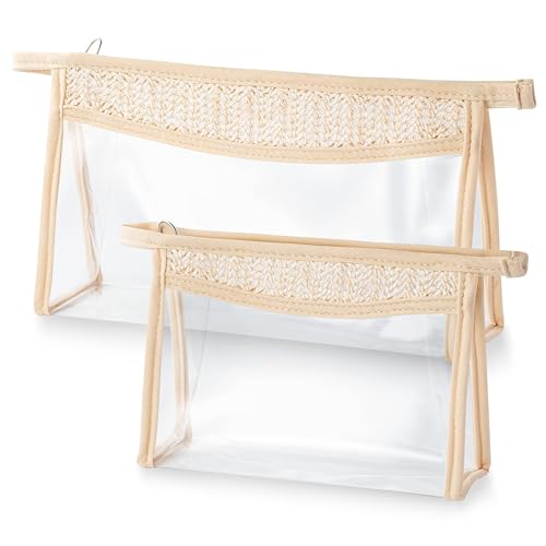 EZdhuawuse Boho Clear Cosmetic Bag - 2Pcs Boho Summer Waterproof Toiletry Makeup Bag Travel Women Pouch Beige Transparent PVC Zipper Makeup Pouch Compliant Summer Gift for Women Girls（Big&Small）
