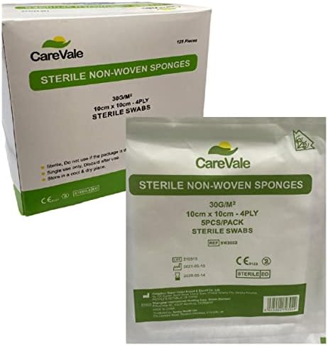 CareVale Sterile Non Woven Swabs 10cm x 10cm Box of 25 (125) swabs - 5 Swabs per Pack