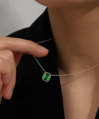 Inzheg Emerald Green Pendant Necklace 18K Gold Plated Birthstone Rectangular Crystal Pendant Necklace Chain Hypoallergenic Elegant Dainty Birthday Christmas Gifts For Women Girls #TOP1
