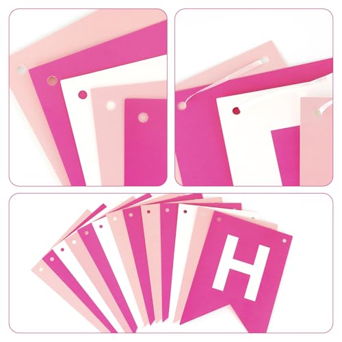 Image of Happy Birthday Banner Sign, Birthday Garland Wall Door Hanging Banners Flag for Women Men Boys Girls Party Backdrop Decorations, Personalized Name Banner White Letters Pink and White