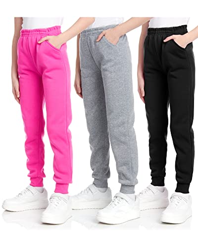 Coney Island Girls’ Sweatpants – 3 Pack Active Fleece Jogger Pants With Pockets – Performance Sweatpants For Girls (5-16), Size 14-16, Heather Grey/Fuchsia/Black #TOP10