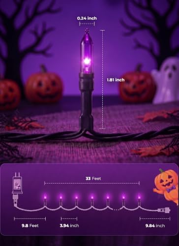 Image of Purple LED Outdoor Halloween Lights, 39Ft 100 LED Halloween String Lights | 8 Lighting Modes, Connectable Mini Lights, Plug In, for Garden Patio Party Haunted House Ghost Holiday Lighting Decoration