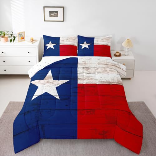 Erosebridal Western Texas Star Bedding Set Retro Vintage American Flag Quilt Cowboys Gifts for Women,Patchwork White Red and Blue Queen Comforter Set,Grunge Stars and Stripes Farmhouse Decor
