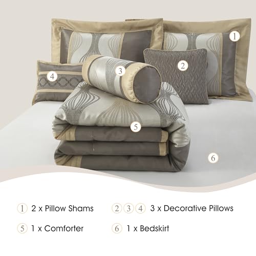 Stratford Park 7 Piece Grey Gold Comforter Set, King Size Jacquard Bedding Set, All Season Geometric Patchwork Bedding Set, Matching Pillows, Shams, Bed Skirt by Stratford Park - Used condition - Image 3